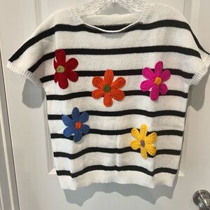SHEIN Black and White Striped Sweater with Colorful Flowers